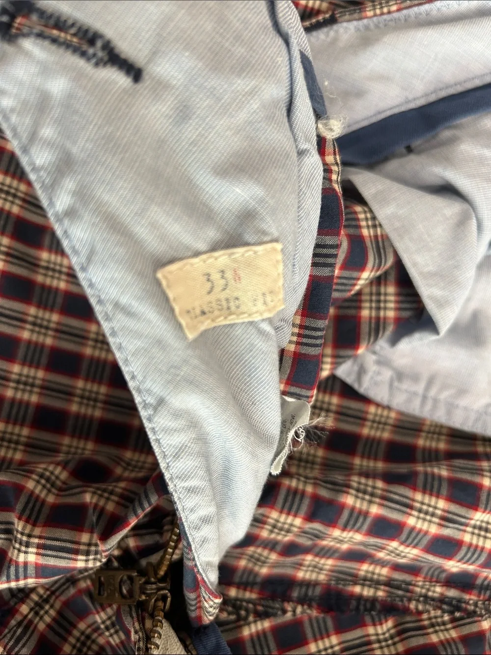 Vintage Men’s J. Crew Navy, Red & Cream Plaid Flat Front Shorts